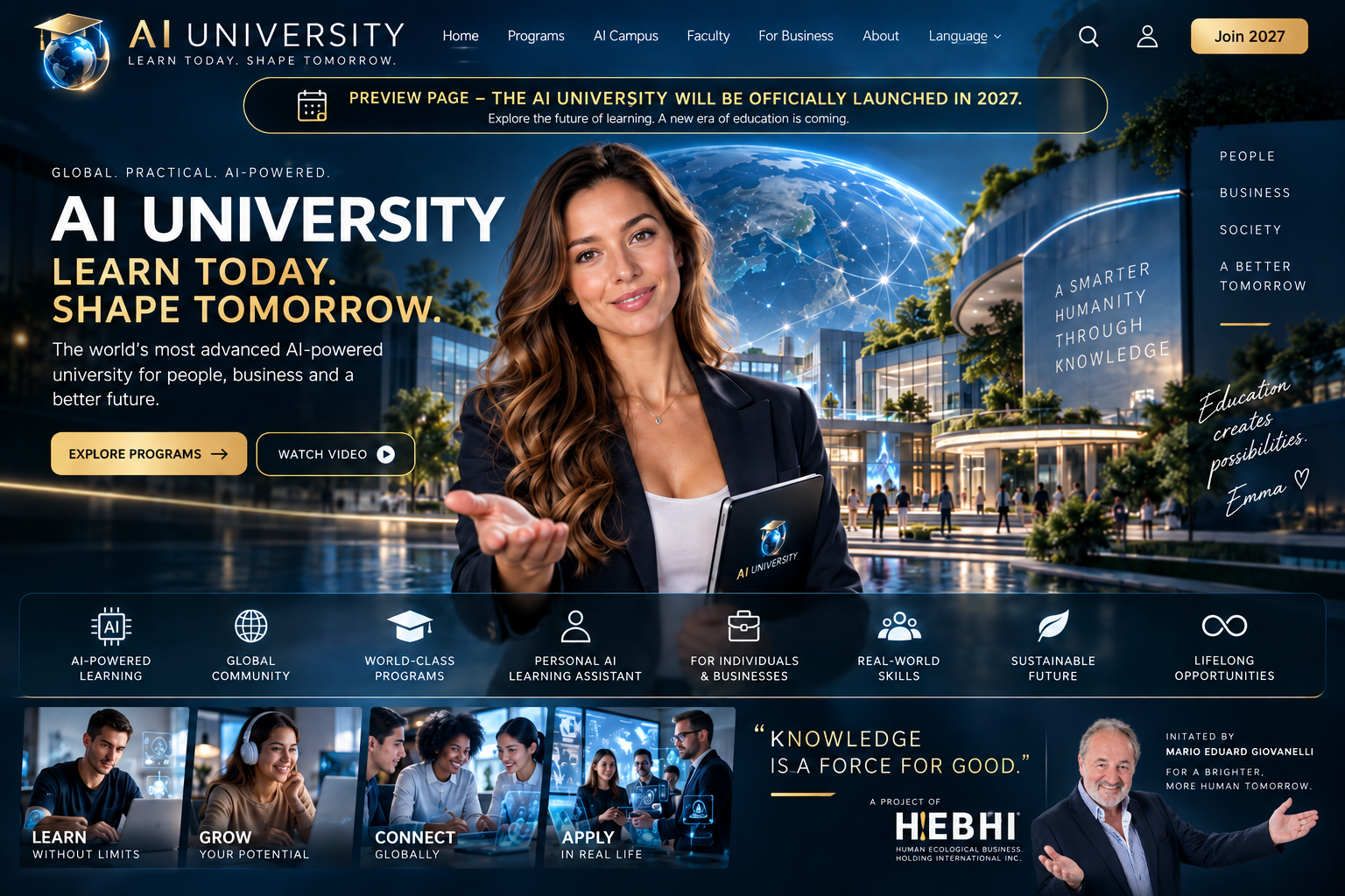 AI University concept visualization with AI presenter and initiator